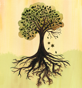 An illustration of a tree with an elaborate root structure and green teardrop-shaped leaves. Five leaves are falling from the tree, including two shaped like Stars of David.